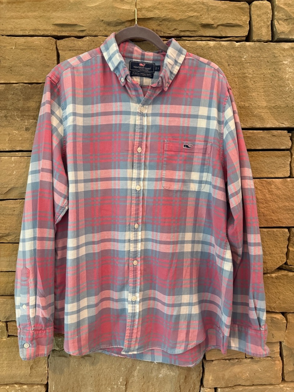 Men’s Vineyard Vines Slim Fit Tucker Blue & Pink Plaid Button-Down Shirt Cotton